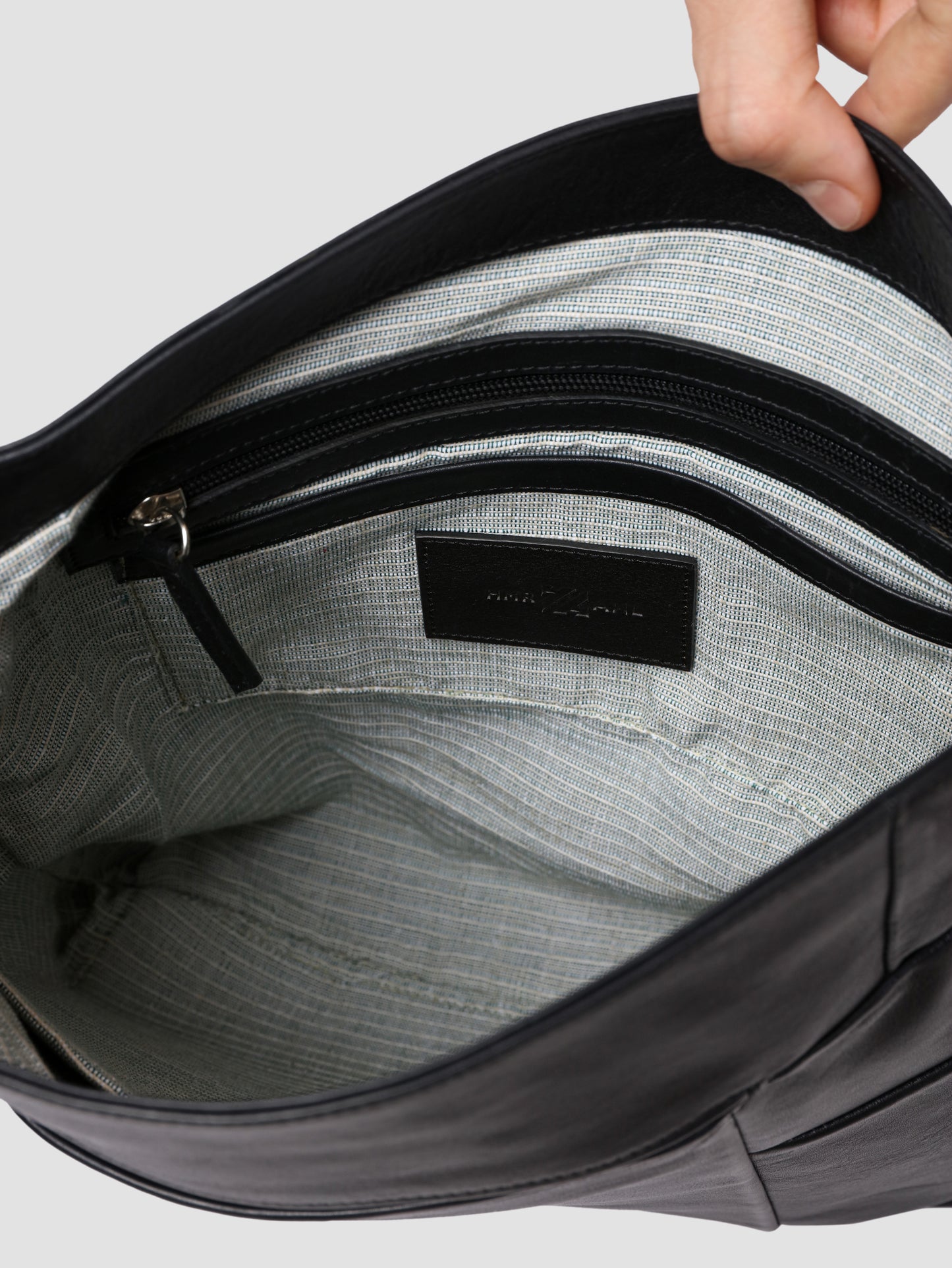 HammerAwl Genuine Leather Black Shoulder Bag with Red Hand Stitching - Interior