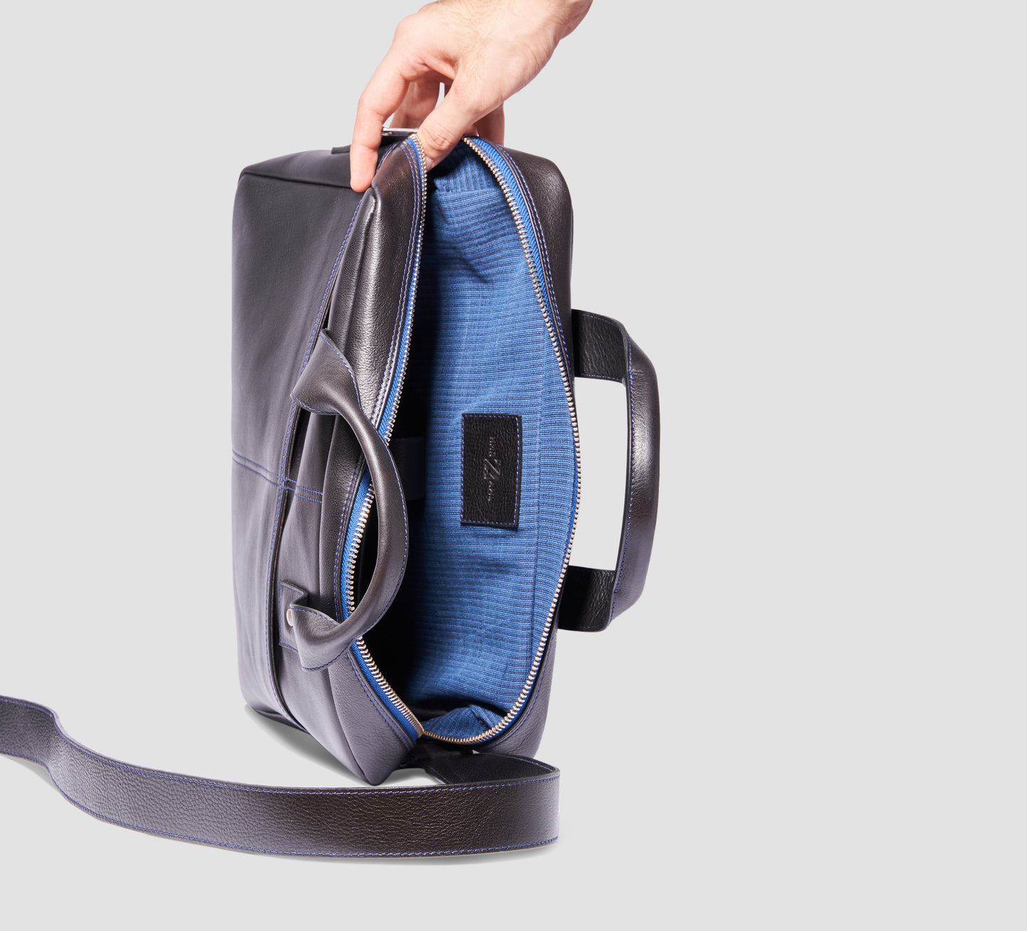 blue lining, leather workbag