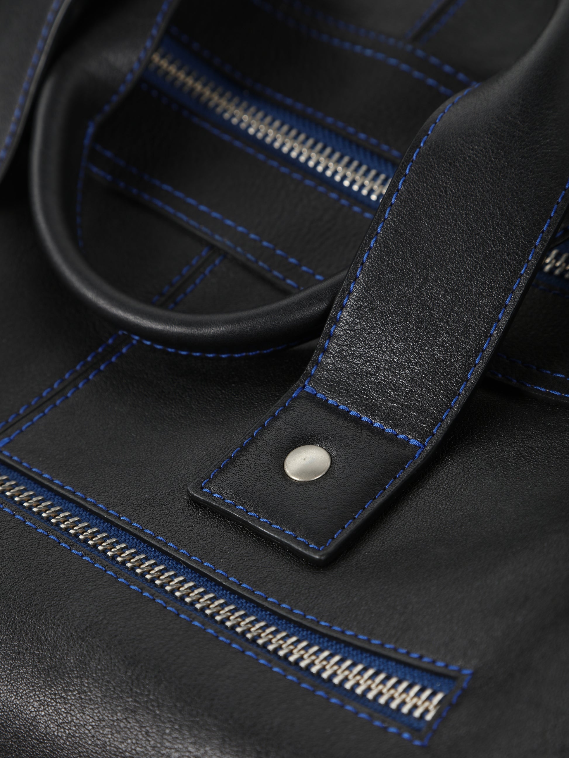 HammerAwl Black Leather Urban with zipper & electric blue stitching detail