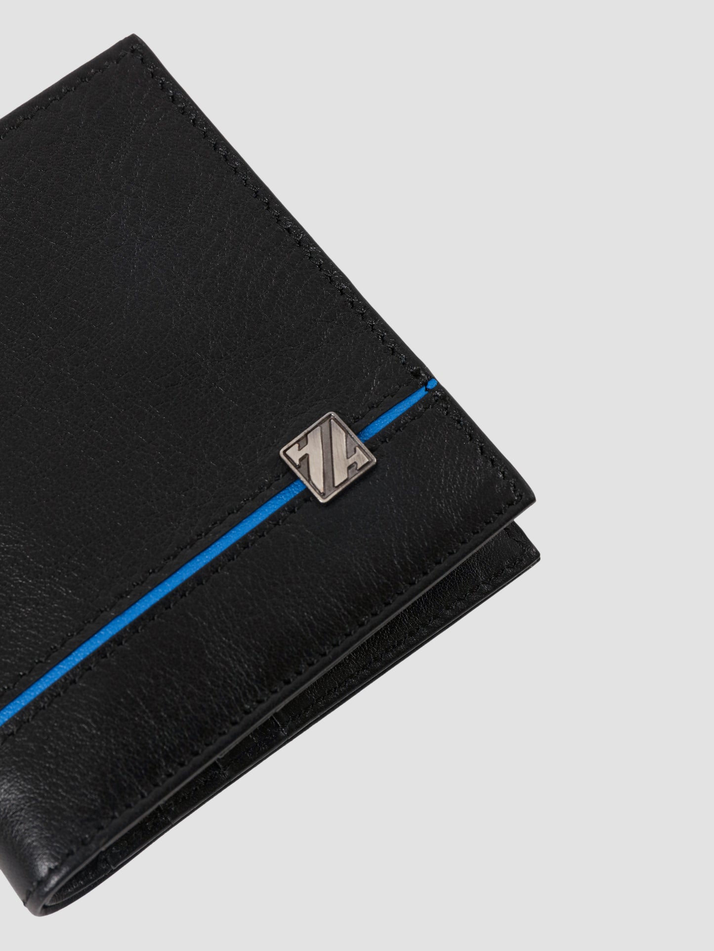 HammerAwl genuine leather blue detail bifold wallet logo view